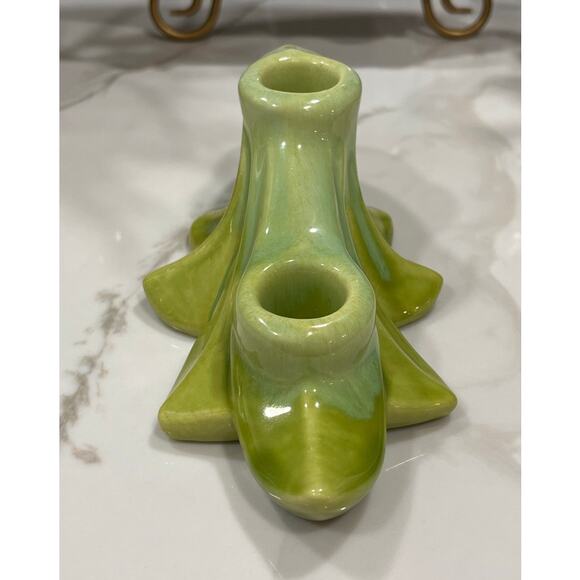 Vintage Green Ceramic Leaf Candle Holder Double Taper Mid Century Pottery - Picture 4 of 7